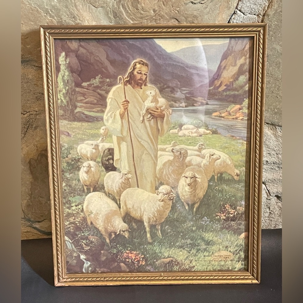 Vintage 1942 Warner Sallman The Lord Is My Sheperd gold framed 8x10